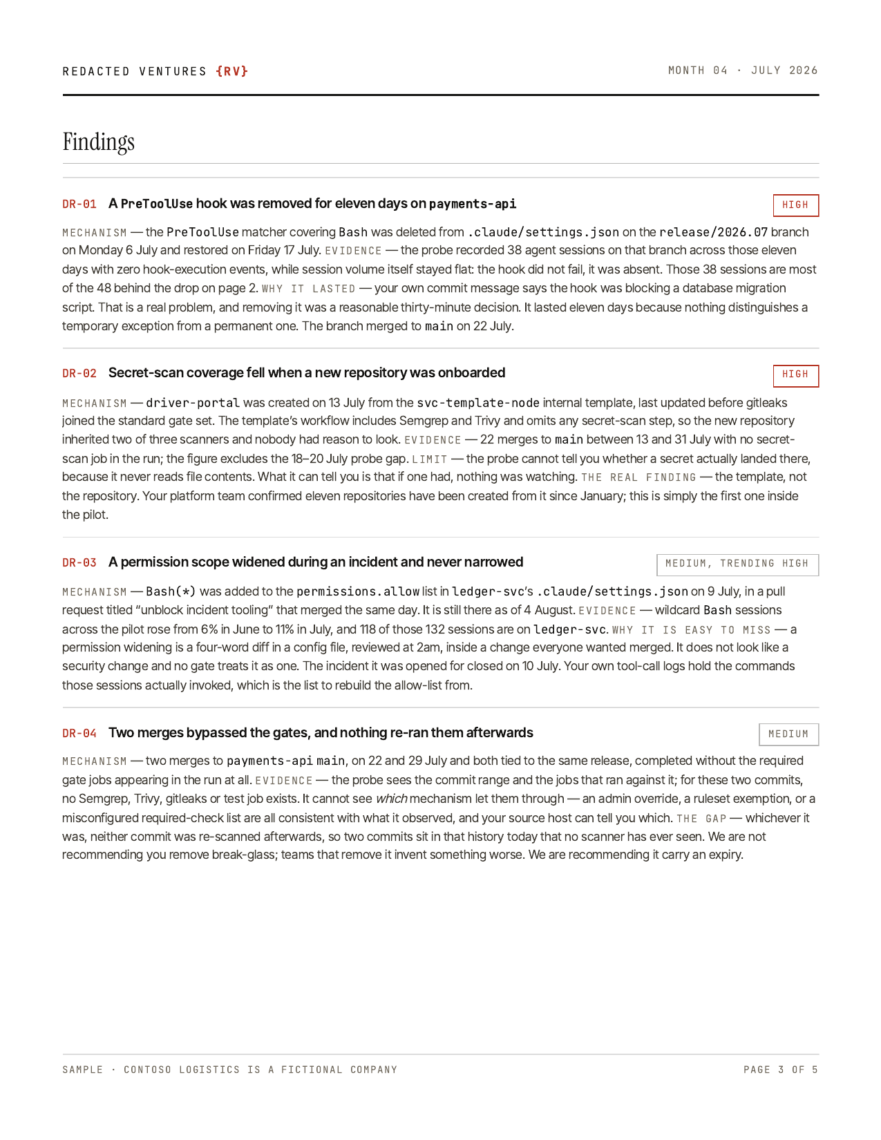 Page 3: findings DR-01 through DR-04, each with mechanism, evidence and a severity rating.