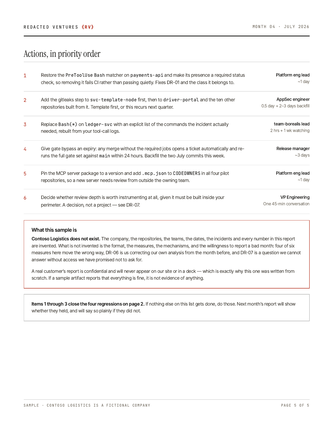 Page 5: actions in priority order, each with an owning role and an effort estimate.